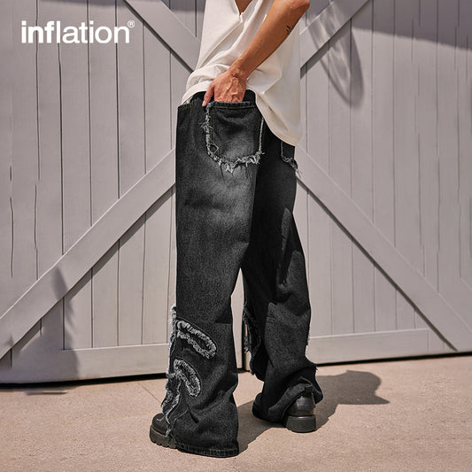 INFLATION Black Distressed Fringe Jeans