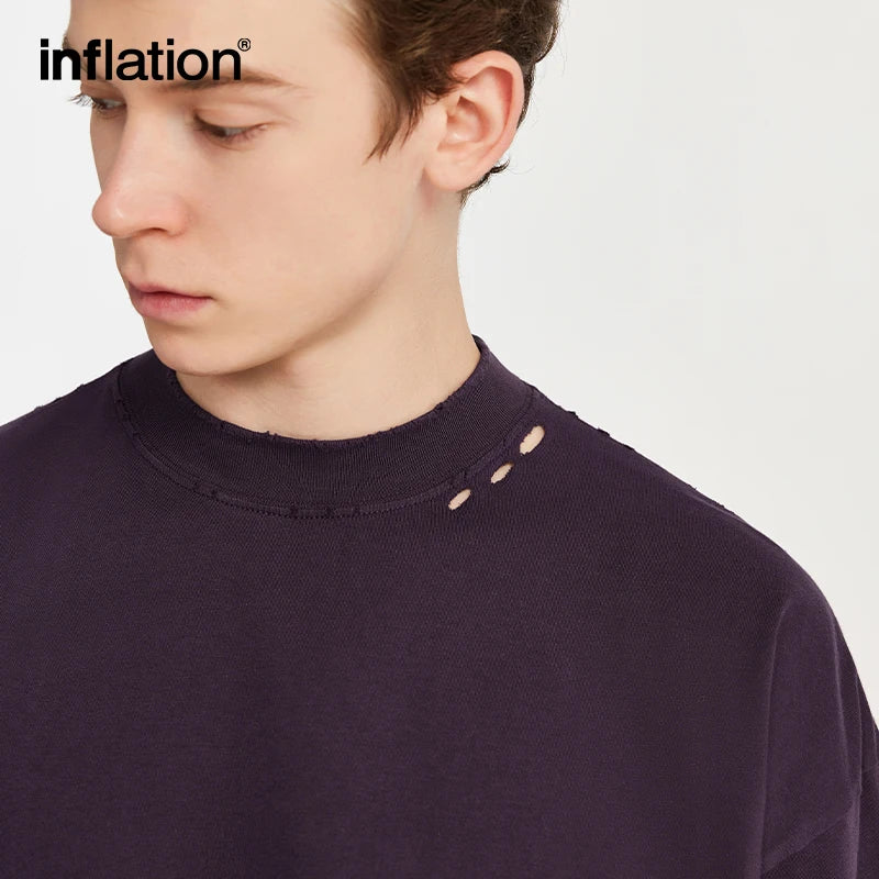 INFLATION Embroidered Ripped Mock Neck Oversized Tshirts