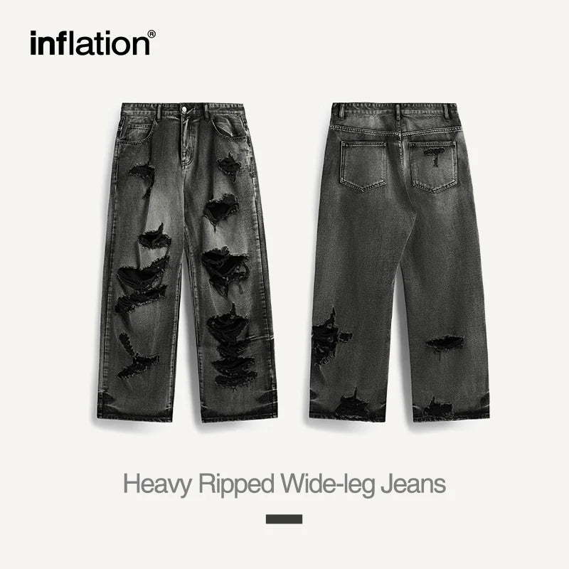INFLATION Washed Ripped Distressed Jeans Men Streetwear - INFLATION