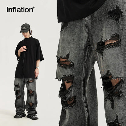 INFLATION Washed Ripped Distressed Jeans Men Streetwear - INFLATION