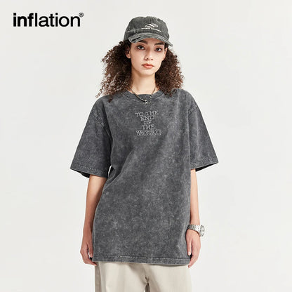 INFLATION Streetwear Vintage Washed Embroidered T-shirt - INFLATION