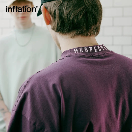 INFLATION Embroidered Ripped Mock Neck Oversized Tshirts