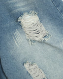 Light blue ripped denim jorts with relaxed fit