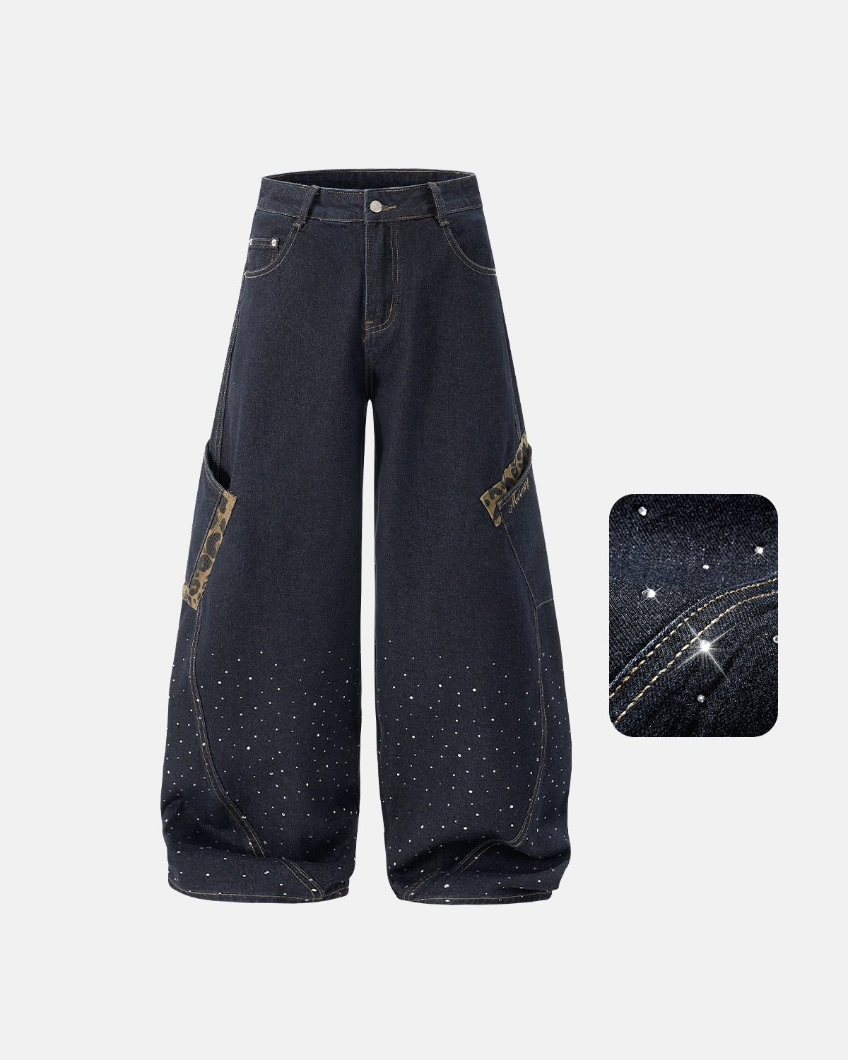Leopard Patch Rhinestone Barrel Jeans | Inflation Streetwear – INFLATION