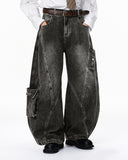 Distressed Washed Cargo Barrel Jeans | Streetwear