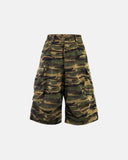 camo cargo shorts with multiple pockets and relaxed long fit