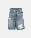 Distressed baggy jorts with adjustable waist tabs