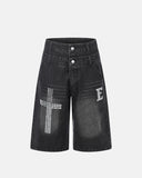 rhinestone cross denim jorts front view