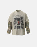 Layered long sleeve T-shirt with camo sleeves and distressed streetwear details