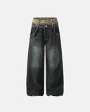 Leopard Pactchwork Double Waist Baggy Jeans | Inflation Streetwear