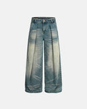 Distressed Pleated Whisker Texture Barrel Jeans | Inflation Streetwear