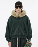 Faux Fur Collar Distressed Zip Up Hoodies | Inflation Streetwear