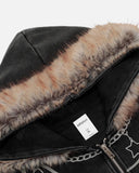 Chain Acid Wash Zip Up Jacket With Fur Collar | Inflation Streetwear
