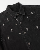 Starry Cross Rhinestone Washed Denim Shirt | Inflation Streetwear