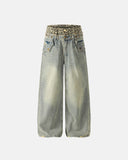 Leopard Pactchwork Double Waist Baggy Jeans | Inflation Streetwear