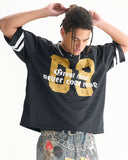Front view of satin patchwork mesh jersey