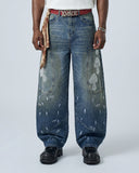 Dirty Wash Beaded Barrel Jeans | Inflation Streetwear
