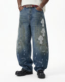 Dirty Wash Beaded Barrel Jeans | Inflation Streetwear