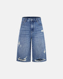 cinch back distressed denim jorts front view