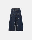 Double Waist Studded Denim Long Jorts | Inflation Streetwear