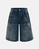 indigo washed cargo denim jorts front view