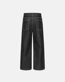 straight-leg jeans with deconstructed panel seams and pleat-inspired structure detail