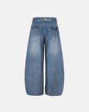 Washed blue bamboo weave baggy jeans front view