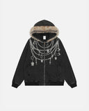Chain Acid Wash Zip Up Jacket With Fur Collar | Inflation Streetwear