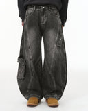 Distressed Washed Cargo Barrel Jeans | Streetwear