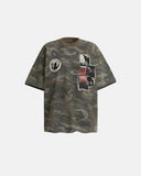 Front view of vintage camo graphic T-shirt with distressed patch-style chest details
