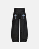 Cross Rhinestone Embroidered Baggy Jeans | Inflation Streetwear