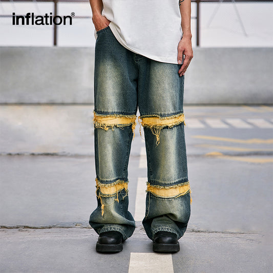 INFLATION Washed Distressed Fringe Jeans - INFLATION