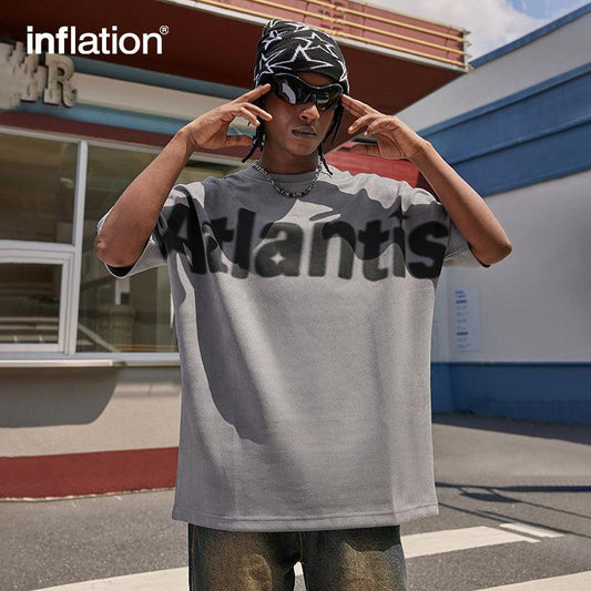 INFLATION Men Letter Graphic Drop Shoulder Suede Fabric Tee - INFLATION