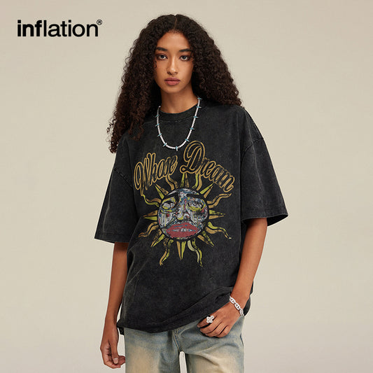 Retro washed distressed sunburst short-sleeved vintage loose t-shirt - INFLATION