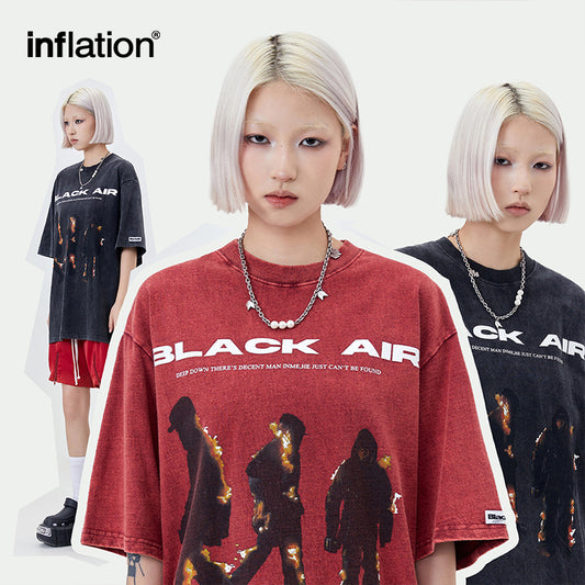 INFLATION retro washed distressed flame couple print short-sleeved T-shirt - INFLATION