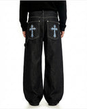 Cross Rhinestone Embroidered Baggy Jeans | Inflation Streetwear