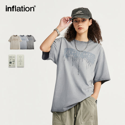 INFLATION Distressed Washed Textured Printed T-shirt - INFLATION