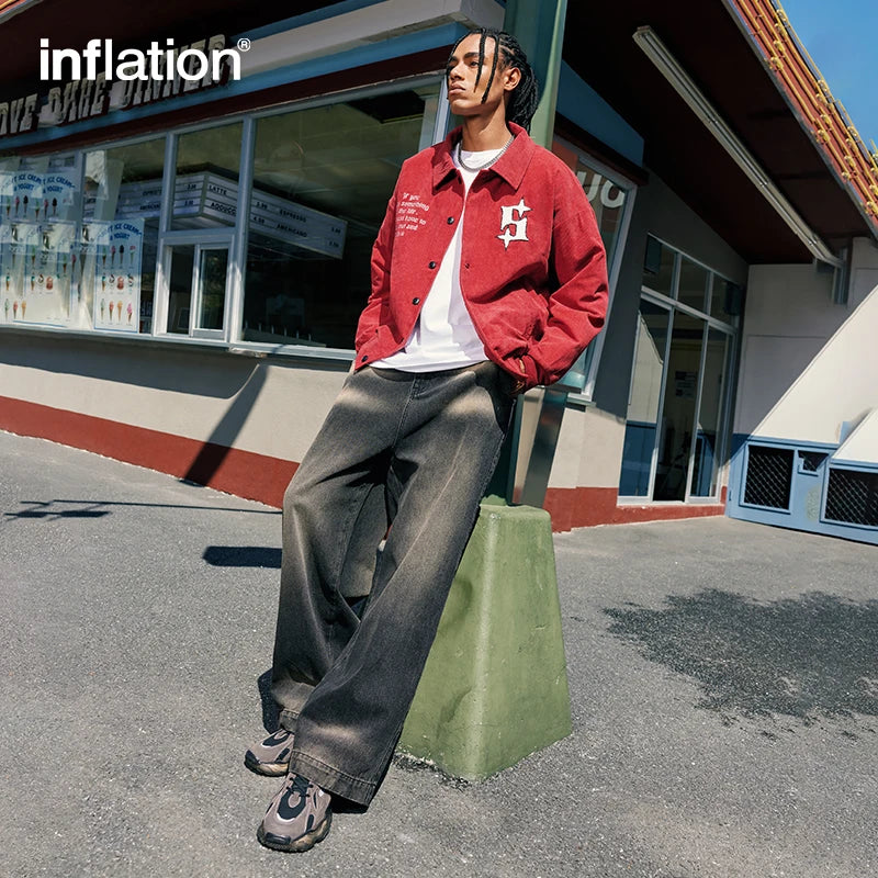 INFLATION Letter Embroidery Corduroy Varsity Jacket - INFLATION