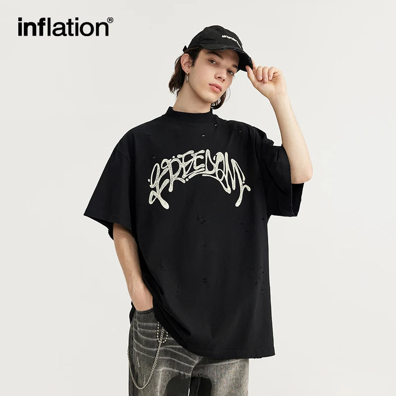 INFLATION Heavyweight Brused Ripped Printed Tshirts - INFLATION