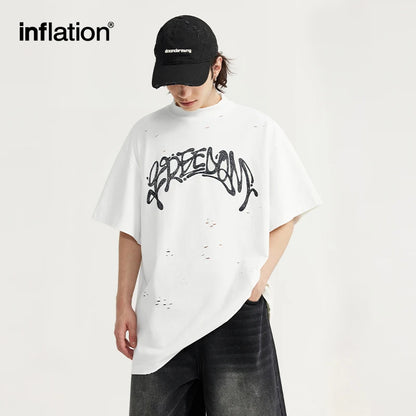 INFLATION Heavyweight Brused Ripped Printed Tshirts - INFLATION