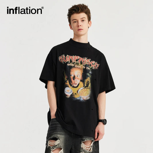 INFLATION Mock Neck Ripped Graphic Tees - INFLATION