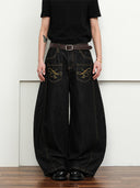 Pocket Embroidery Raw Barrel Jeans | Inflation Streetwear