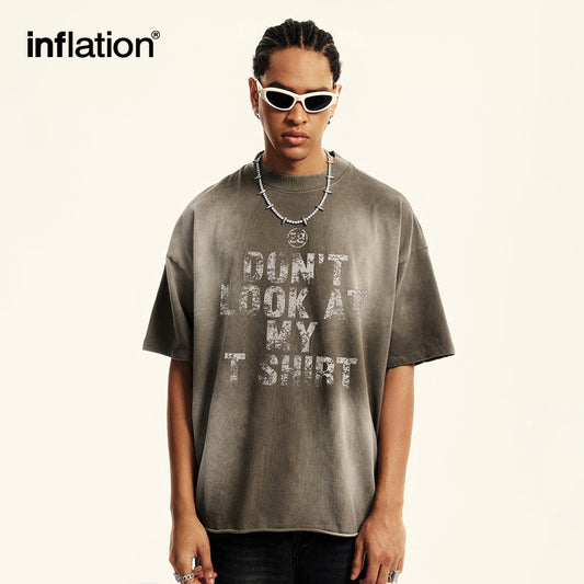 INFLATION American retro washed distressed printed t-shirt men's letter printed short-sleeved t-shirt summer - INFLATION