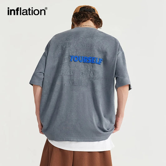 INFLATION Suede Fabric 3D Embroidery Half Sleeved Tshirt - INFLATION