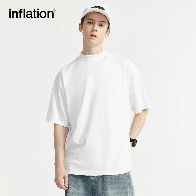 INFLATION Embroidered Ripped Mock Neck Oversized Tshirts - INFLATION