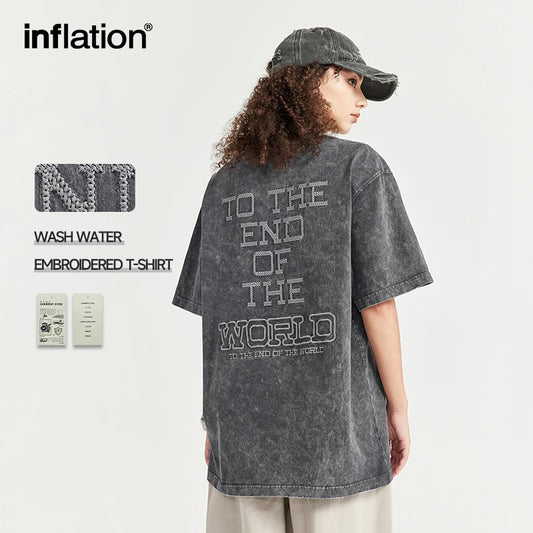 INFLATION Streetwear Vintage Washed Embroidered T-shirt - INFLATION