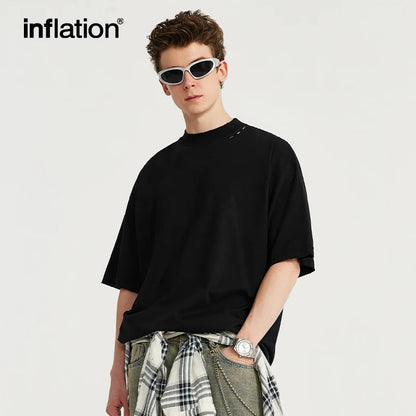 INFLATION Embroidered Ripped Mock Neck Oversized Tshirts - INFLATION